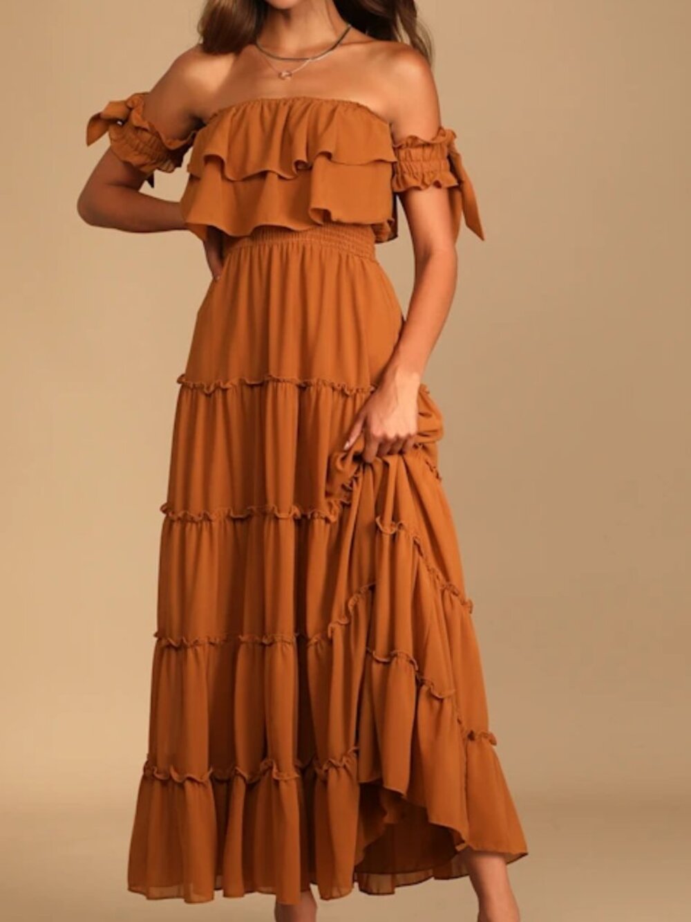 Chance For Us Light Brown Off-the-Shoulder Ruffled Maxi Dress